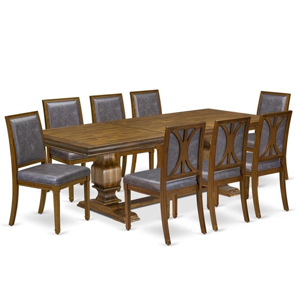 9-Piece Acacia Wood Dining Set with Removable Leaf Table and 8 Dark Grey PU Leather Chairs O704795