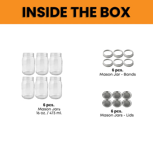 16 oz Regular Mouth Mason Jars Pack of 6 with Airtight Metal Lids N4435