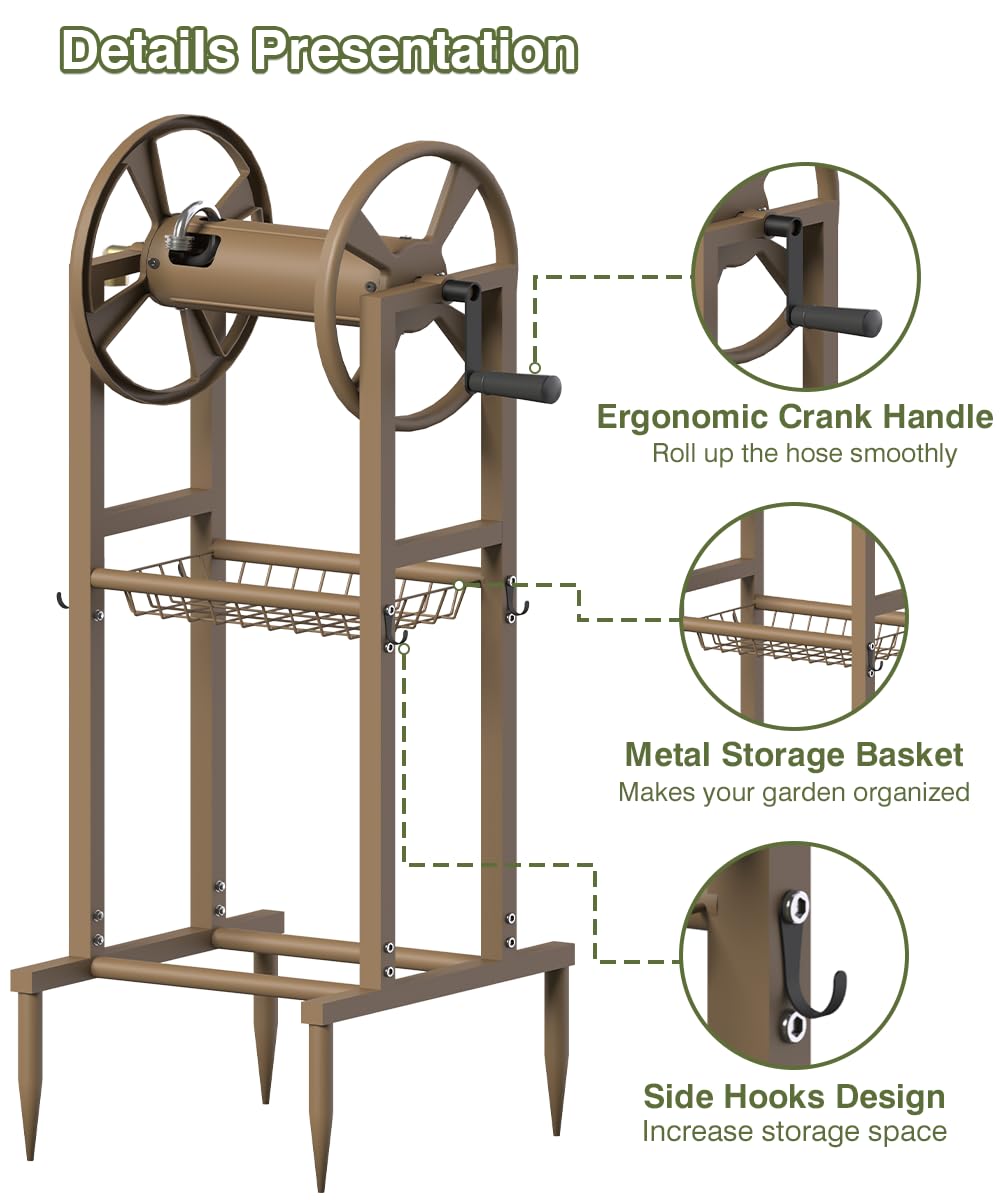 Freestanding 125ft Metal Hose Reel with 4 Hooks I49205