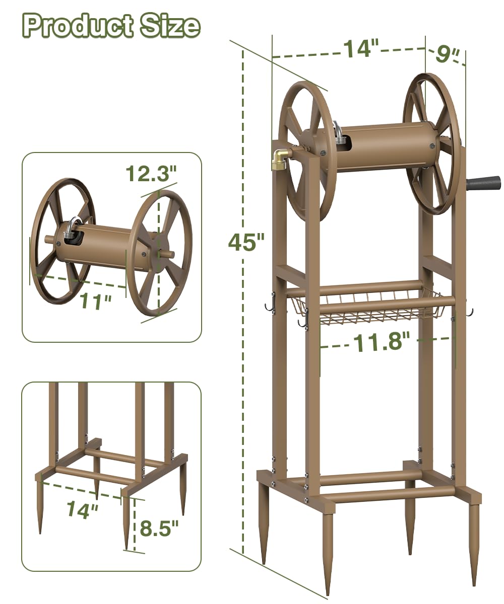 Freestanding 125ft Metal Hose Reel with 4 Hooks I49205