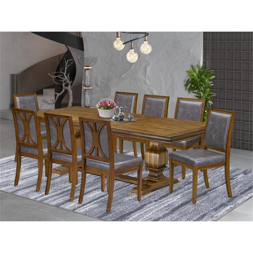 9-Piece Acacia Wood Dining Set with Removable Leaf Table and 8 Dark Grey PU Leather Chairs O704795