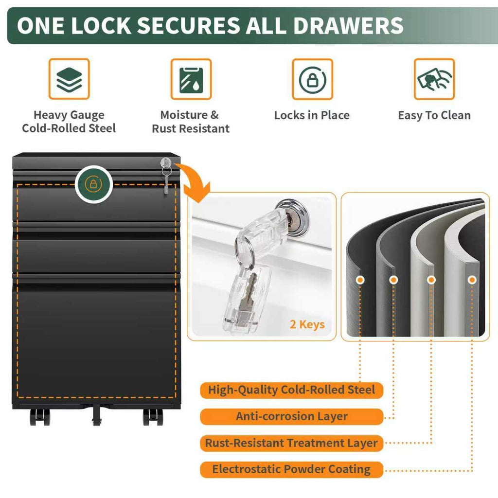 3 Drawer Black Steel File Cabinet with Lock C528