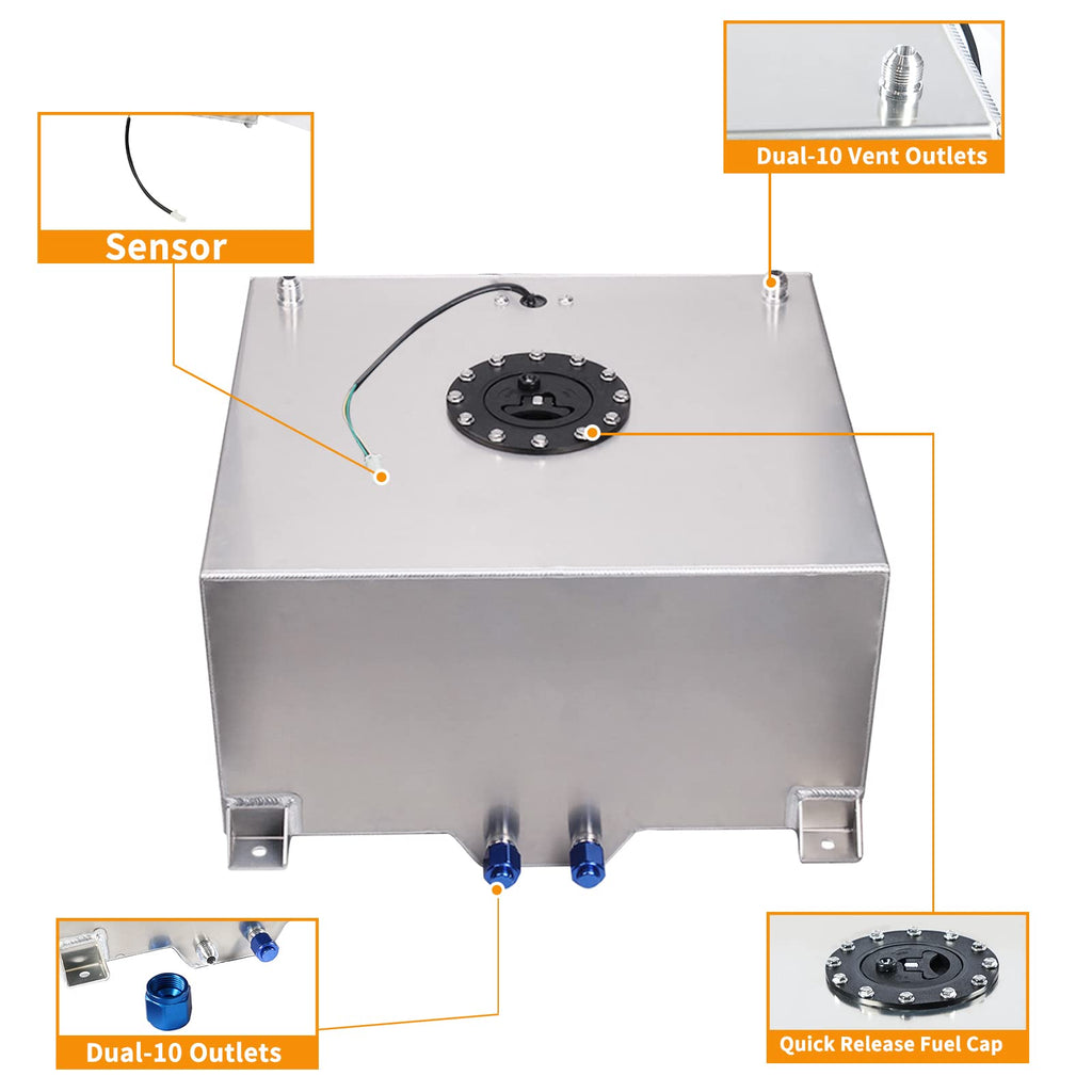5 Gallon 20L Polished Aluminum Fuel Cell Tank with Cap and Level Sender W572898