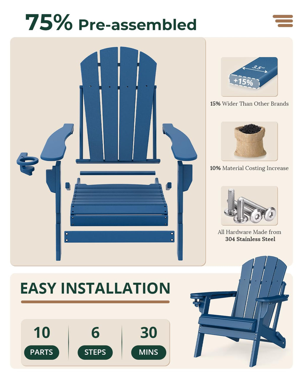 Folding Adirondack Chairs Set of 2 Blue HDPE N806