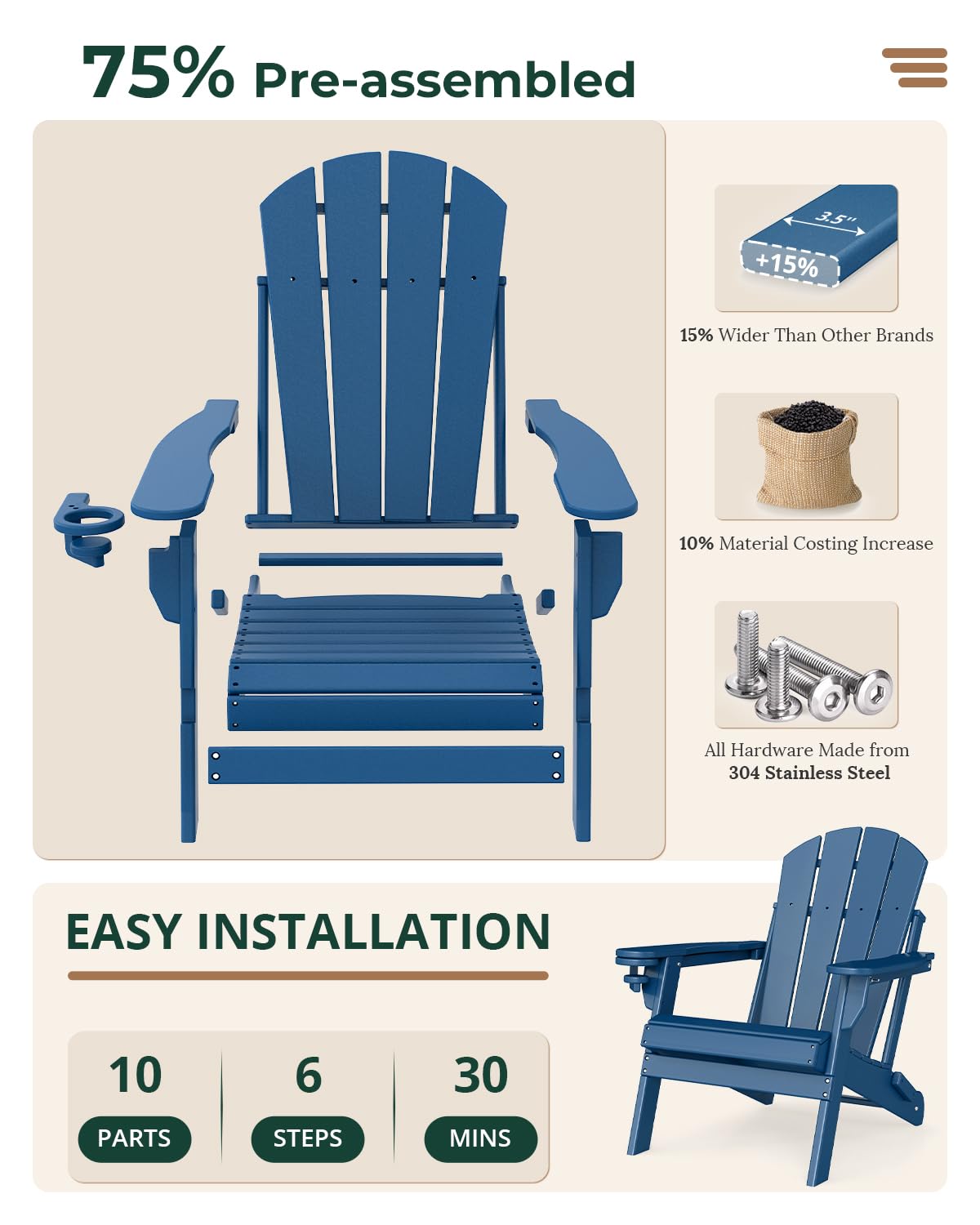 Folding Adirondack Chairs Set of 2 Blue HDPE N806