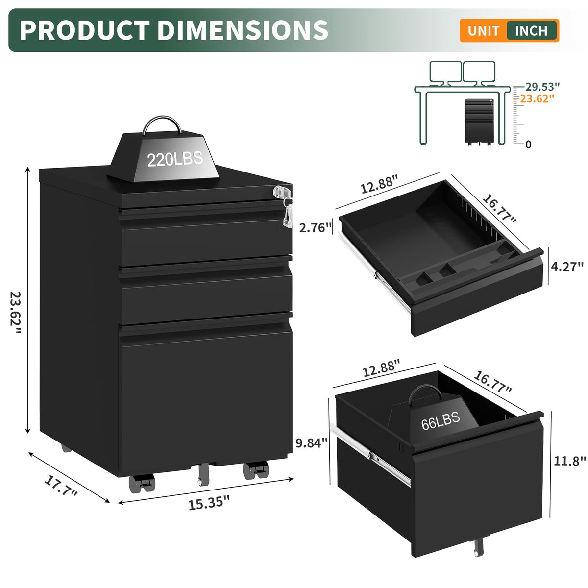 3 Drawer Black Steel File Cabinet with Lock C528