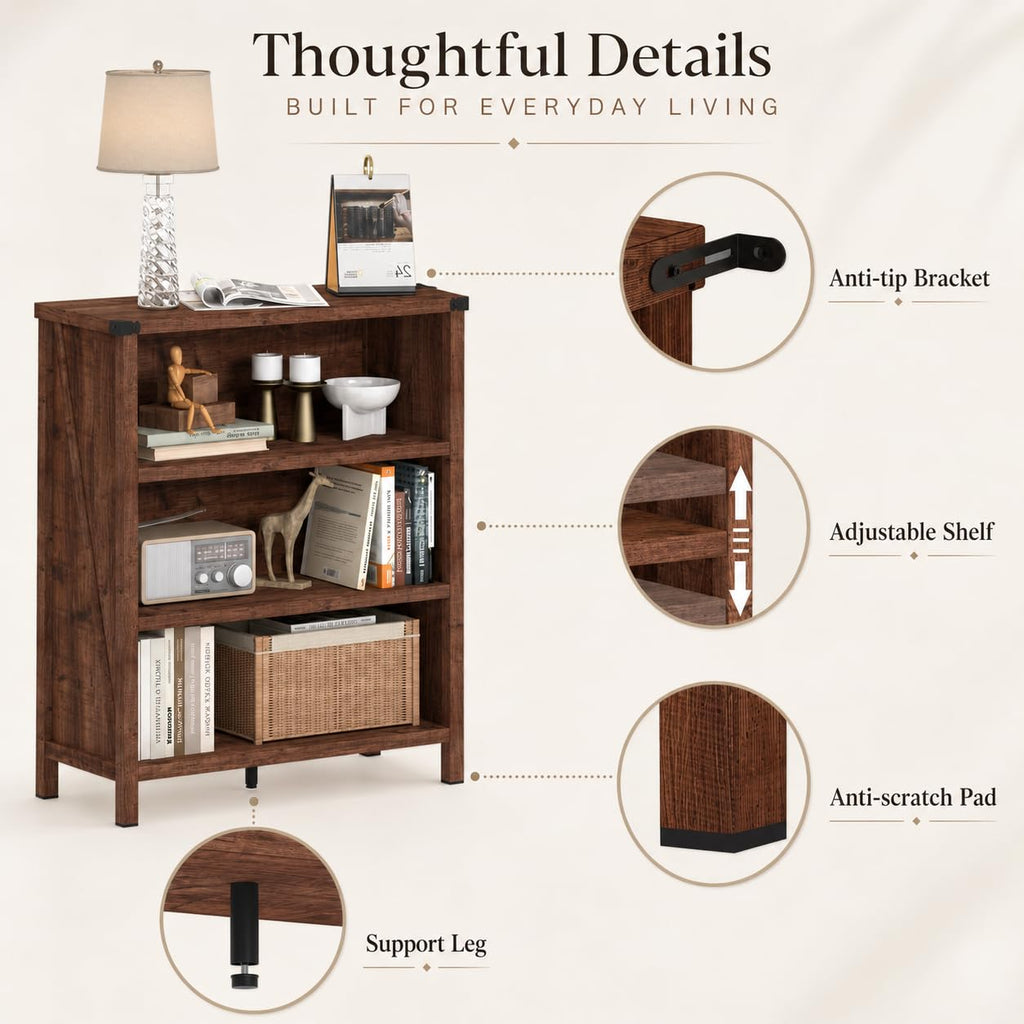 Rustic Oak 3 Shelf Wood Bookshelf U3409