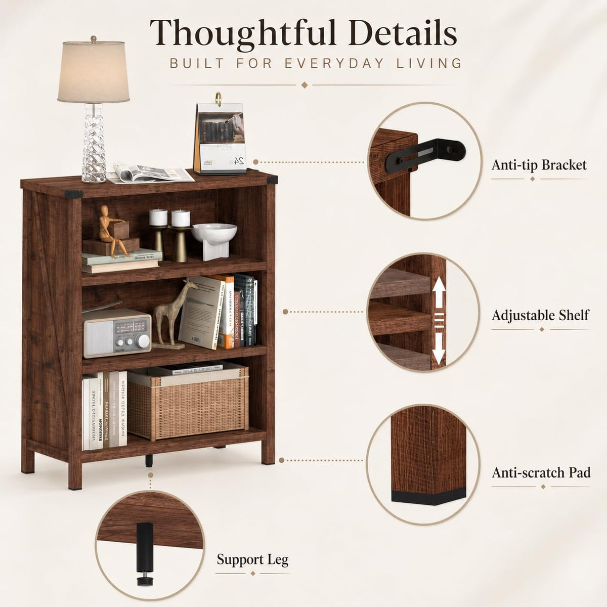 Rustic Oak 3 Shelf Wood Bookshelf U3409