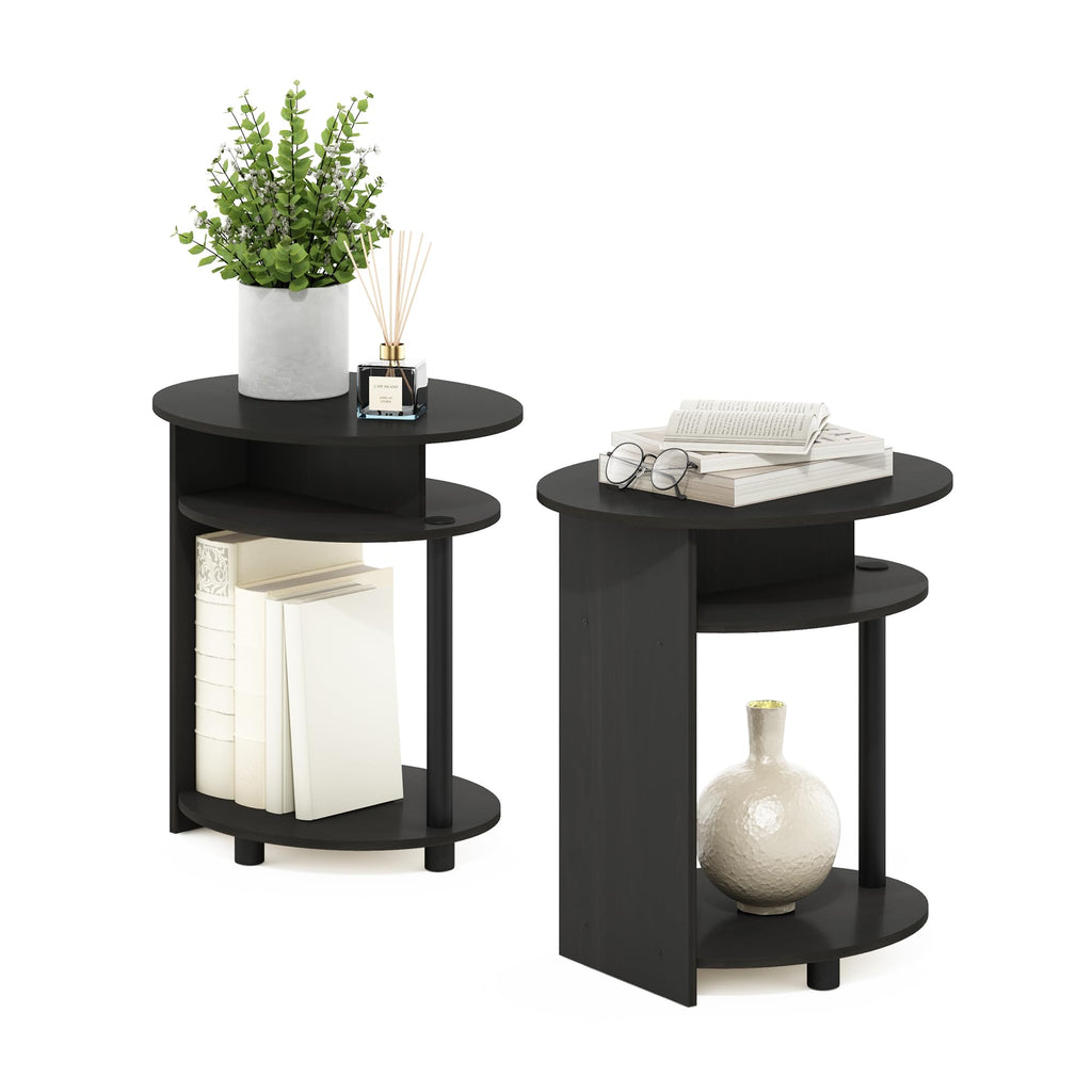 Set of 2 Round End Table with Oval Tabletop and Open Shelf, Walnut T53105