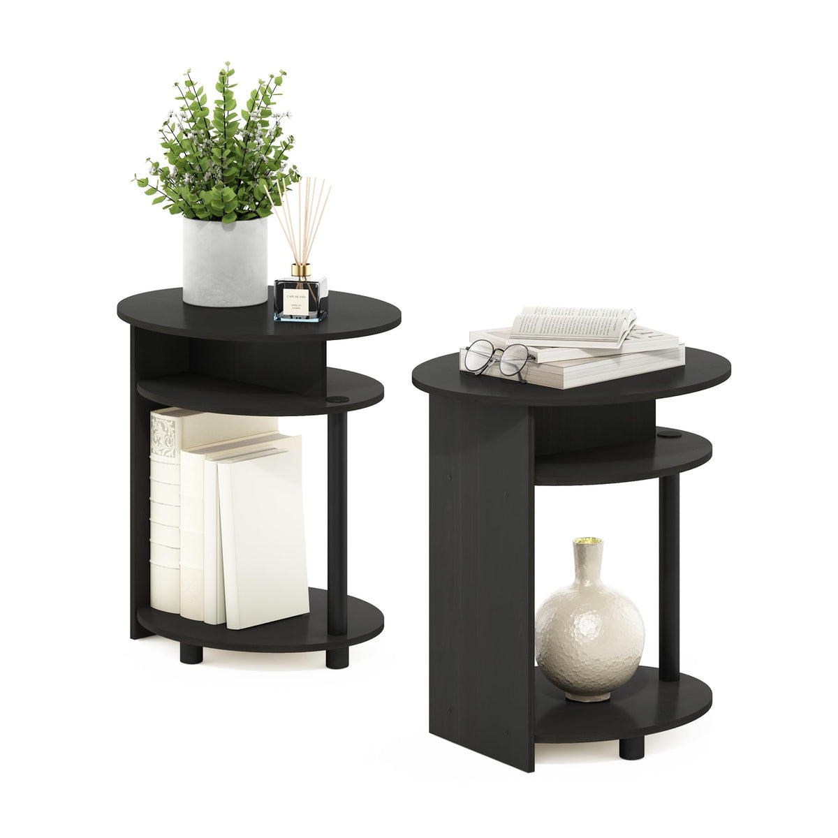 Set of 2 Round End Table with Oval Tabletop and Open Shelf, Walnut T53105