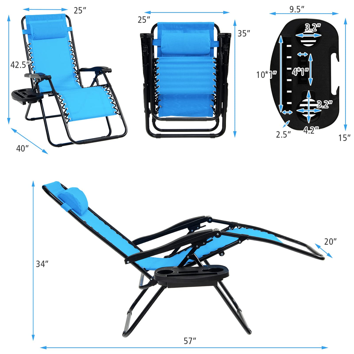 Set of 2 Blue Zero Gravity Chair with Cup Holder K8180