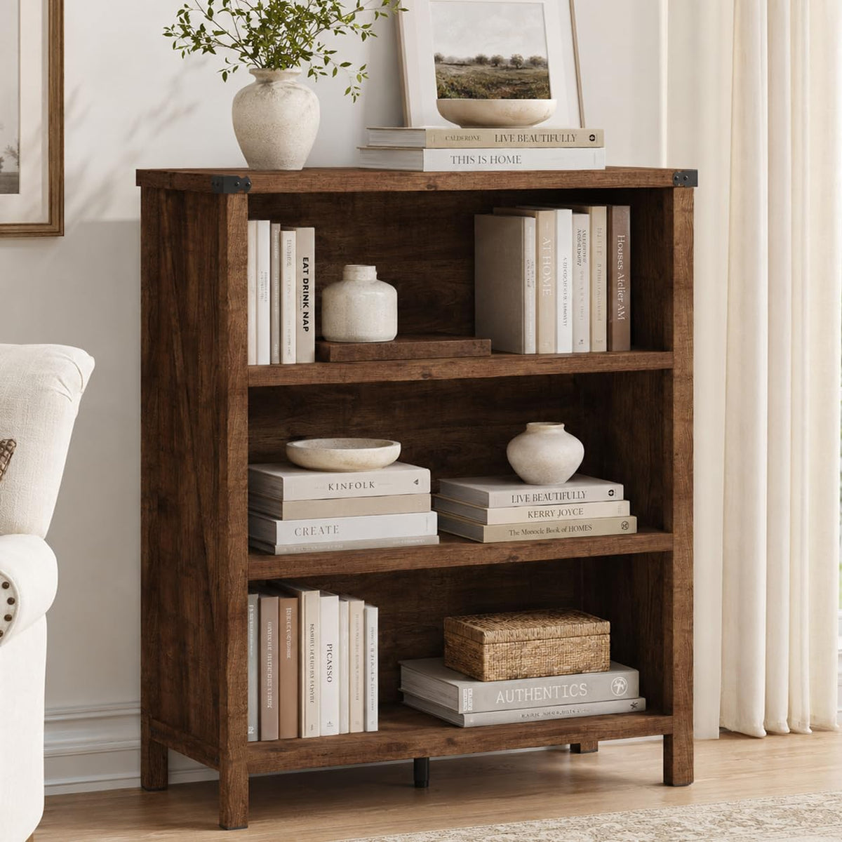 Rustic Oak 3 Shelf Wood Bookshelf U3409