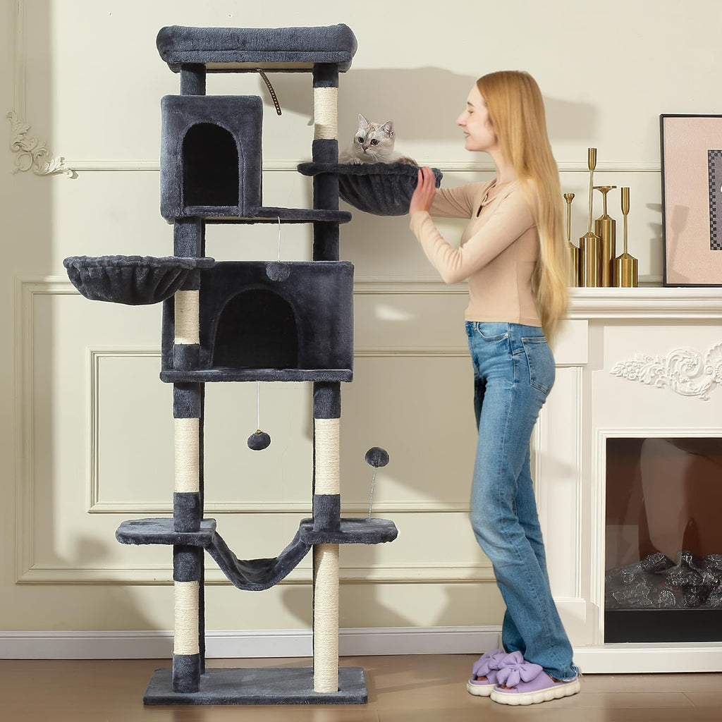 70-Inch Large Cat Tree Tower with Hammock, Scratching Post, Condo, Dark Gray R28249