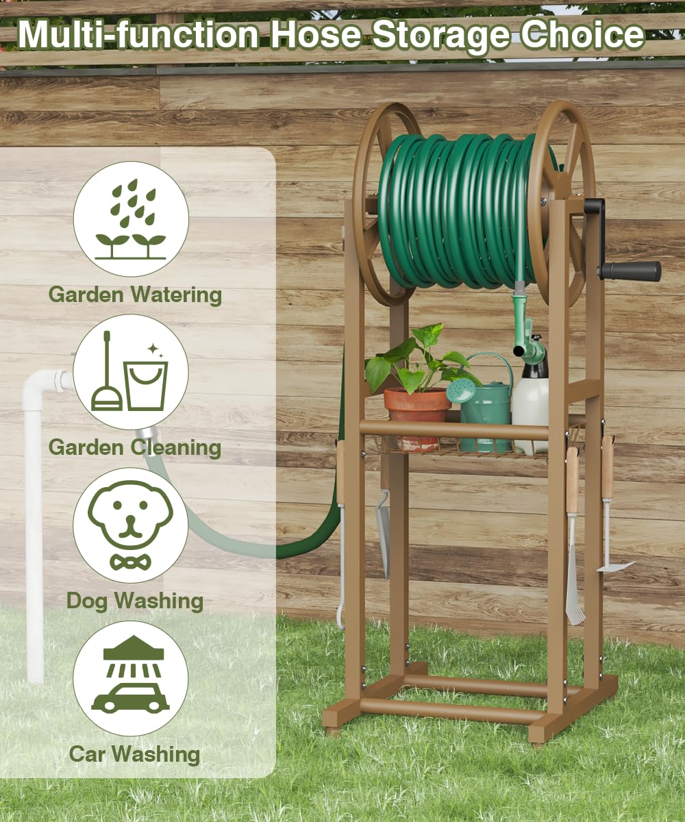 Freestanding 125ft Metal Hose Reel with 4 Hooks I49205