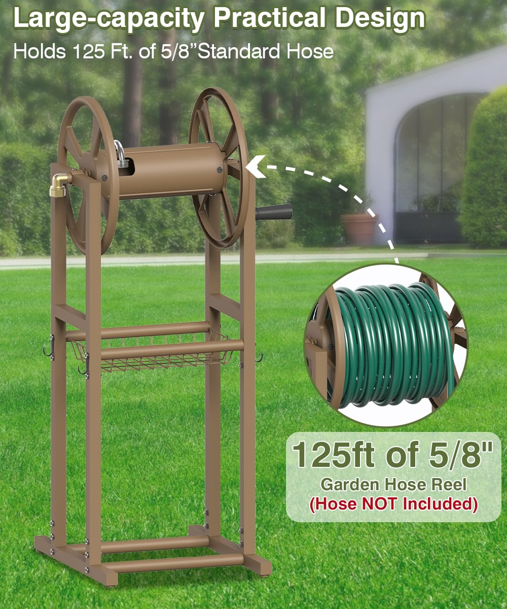 Freestanding 125ft Metal Hose Reel with 4 Hooks I49205