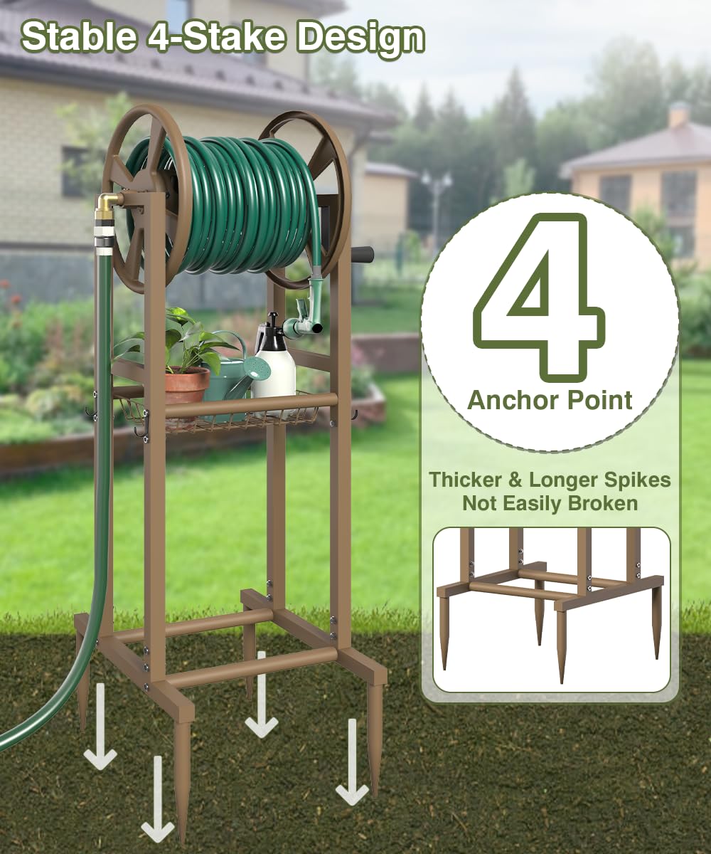 Freestanding 125ft Metal Hose Reel with 4 Hooks I49205