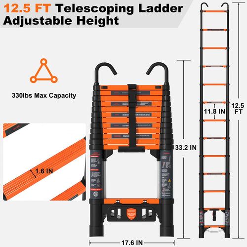 12.5 FT Aluminum Telescopic Ladder 330lbs M2343