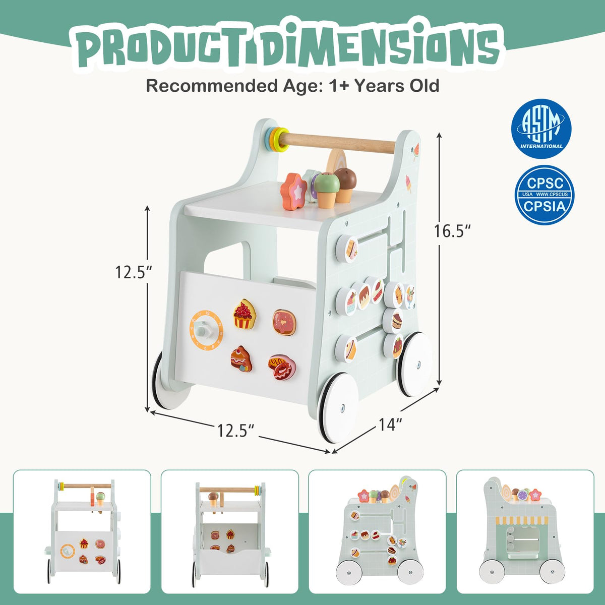 Wooden Baby Walker with Storage and Wheels F600220