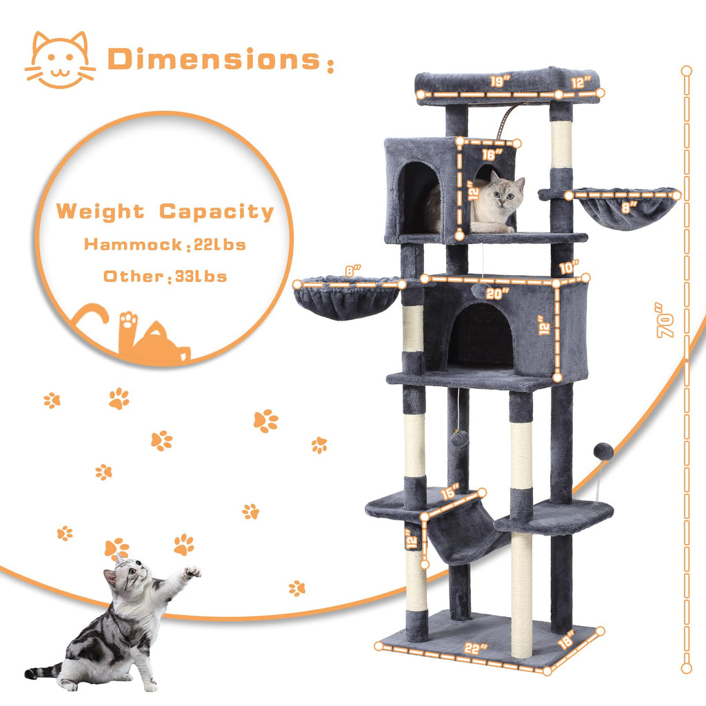 70-Inch Large Cat Tree Tower with Hammock, Scratching Post, Condo, Dark Gray R28249