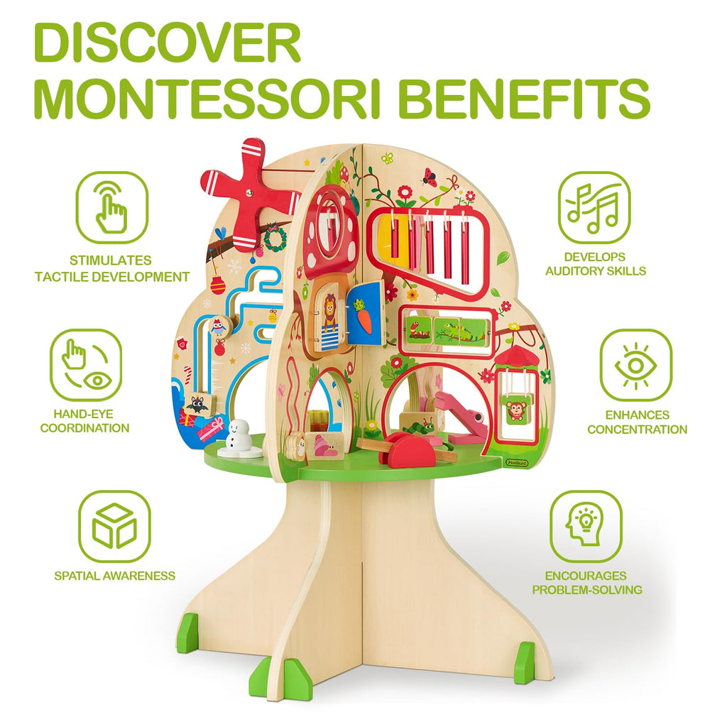 Montessori Wooden Tree Activity Center, Sensory Table & Busy Board E5773