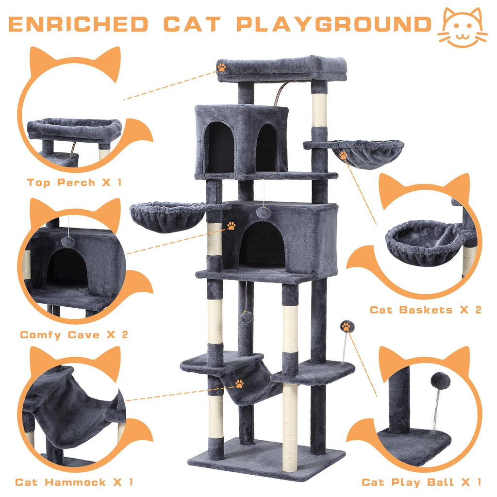 70-Inch Large Cat Tree Tower with Hammock, Scratching Post, Condo, Dark Gray R28249