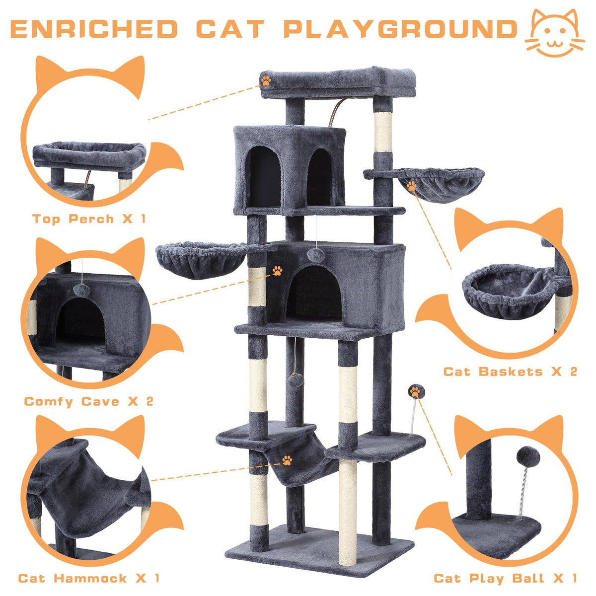 70-Inch Large Cat Tree Tower with Hammock, Scratching Post, Condo, Dark Gray R28249