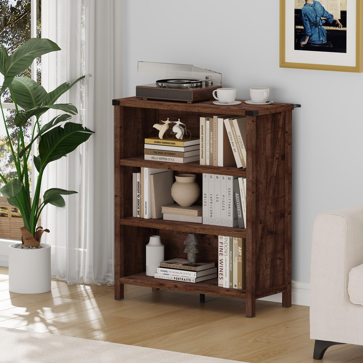 Rustic Oak 3 Shelf Wood Bookshelf U3409