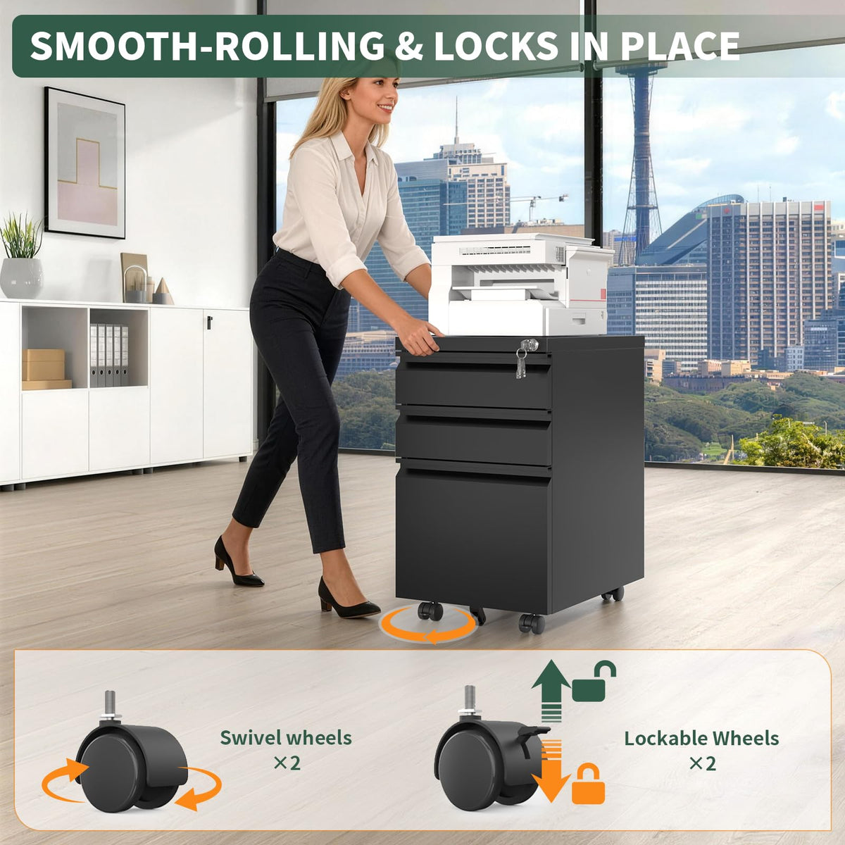 3 Drawer Black Steel File Cabinet with Lock C528