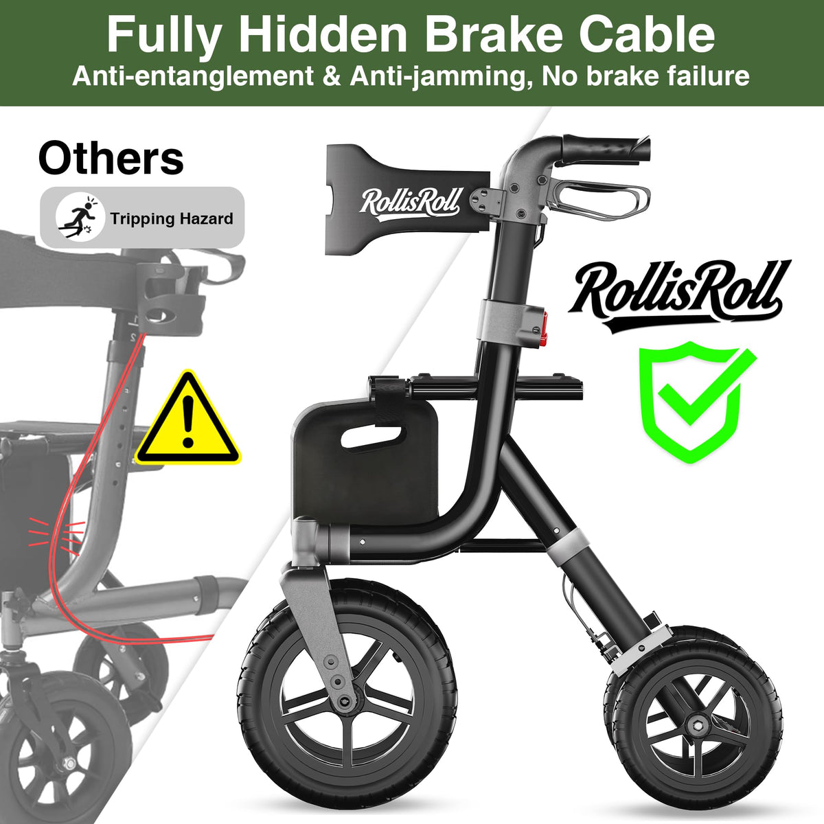 Black Foldable Rollator Walker with Seat, Backrest, 12" Rubber Wheels V666536