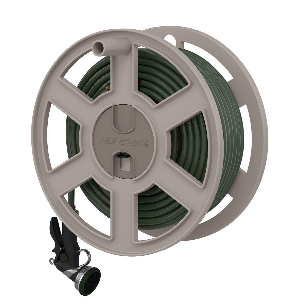 Wall Mount Garden Hose Reel 100 Feet Capacity Light Taupe Resin Y1058