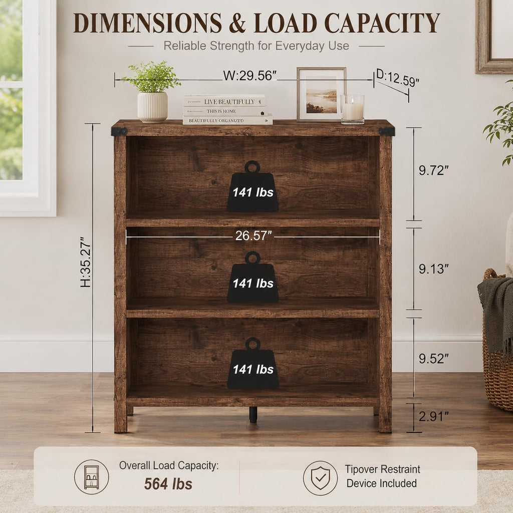 Rustic Oak 3 Shelf Wood Bookshelf U3409