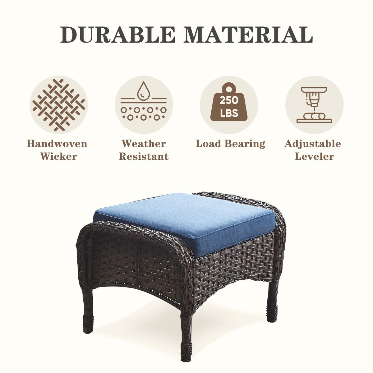 25 Inch PE Wicker Foot Stool Set of 2 with Removable Cushions Brown T682237