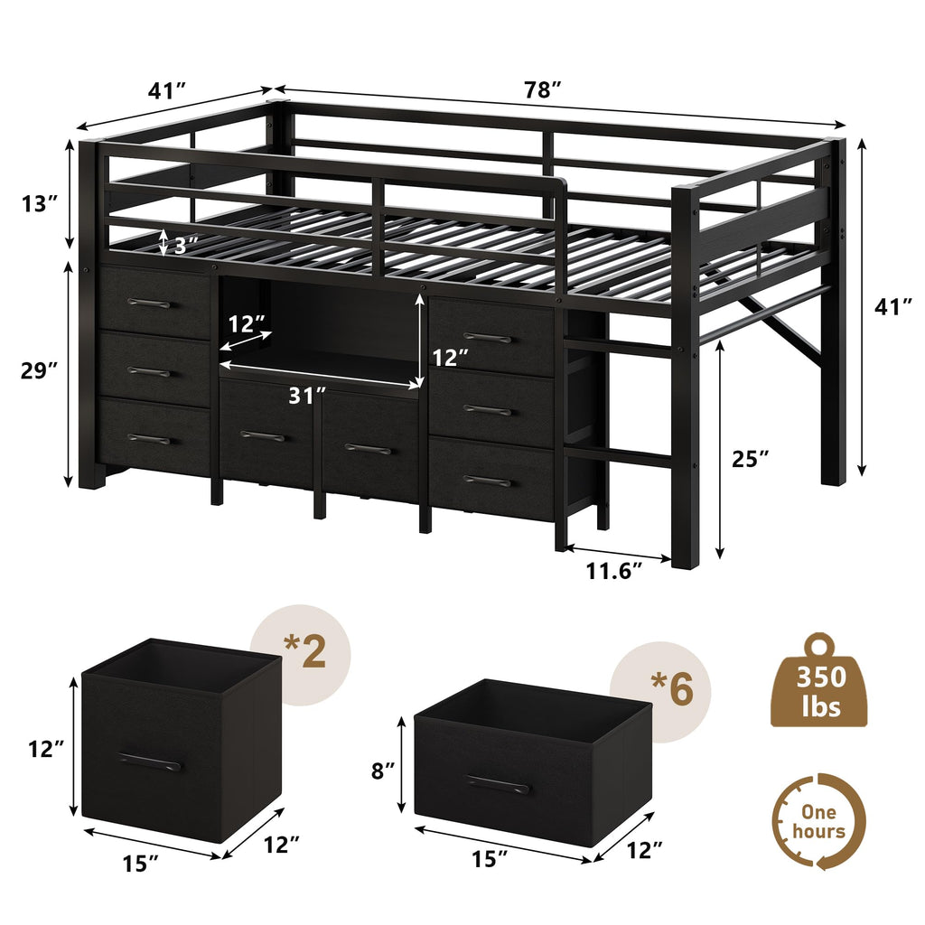 Black Twin Size Low Loft Bed with 8 Storage Drawers P817366