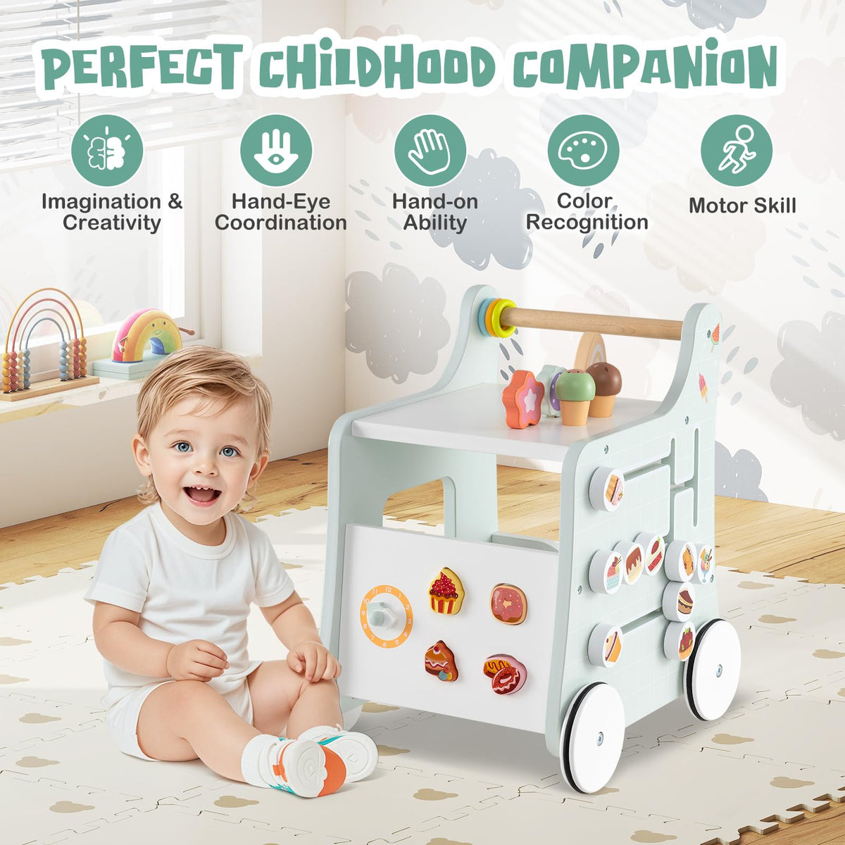 Wooden Baby Walker with Storage and Wheels F600220