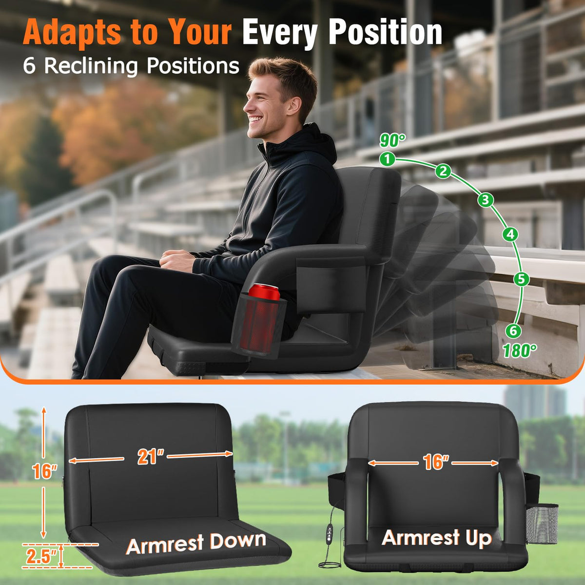 21" Wide Heated Stadium Seats for Bleachers with USB T10617
