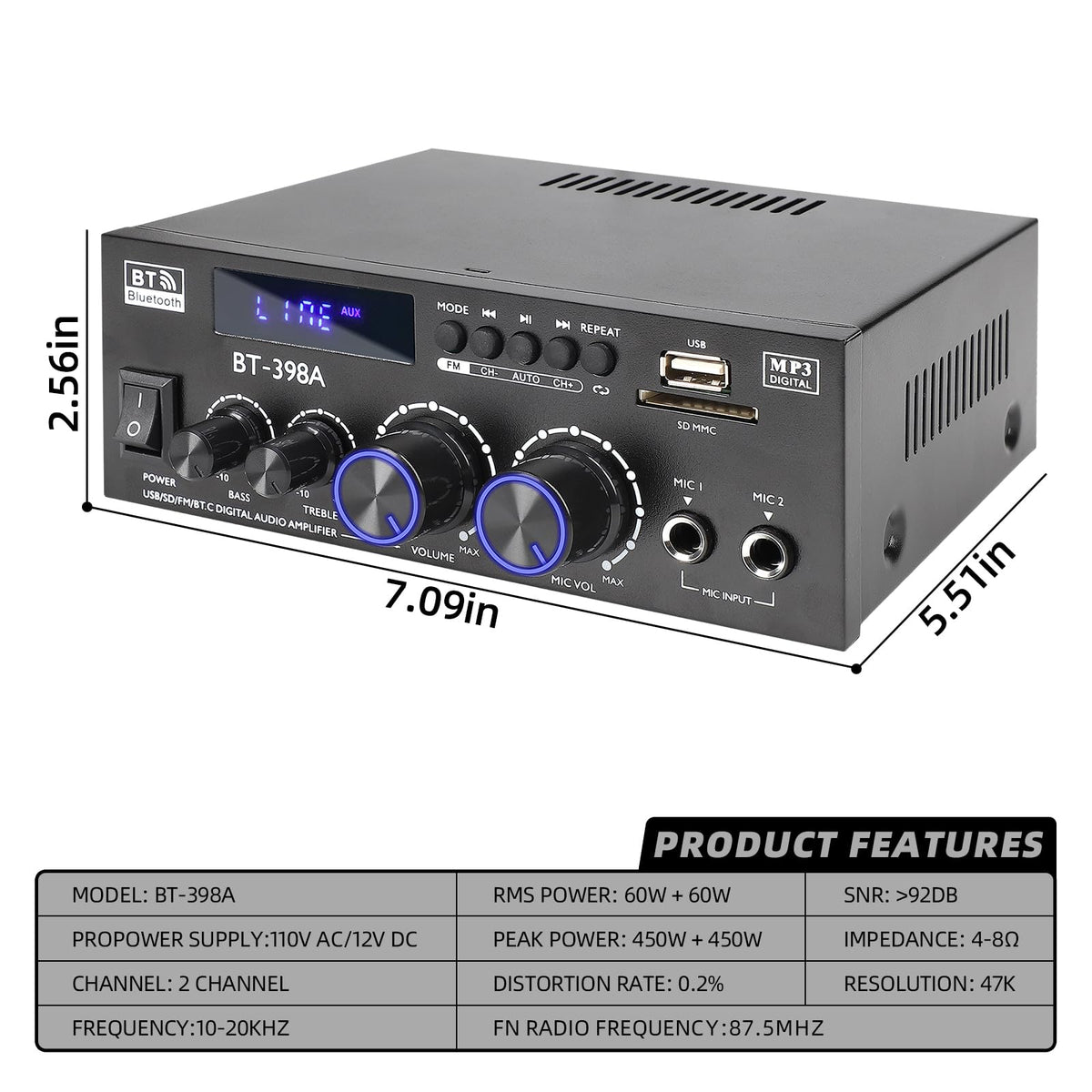 Bluetooth 5.0 Stereo Receivers, 2 Channel 450W Home Amplifier C988