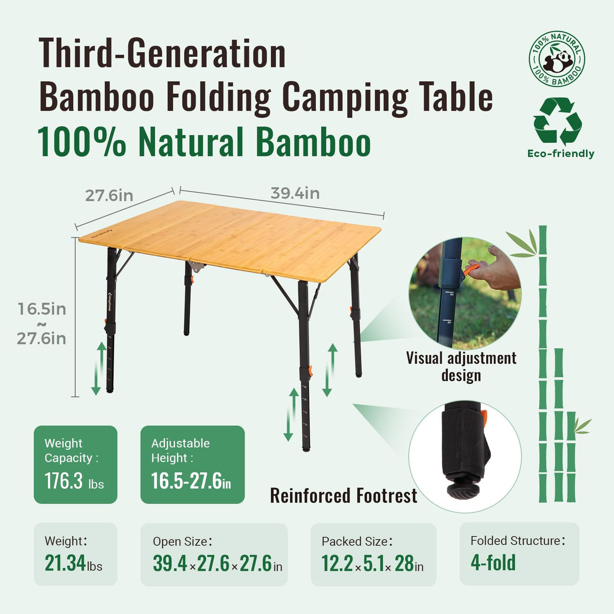 Bamboo Folding Camping Table with Adjustable Height K653