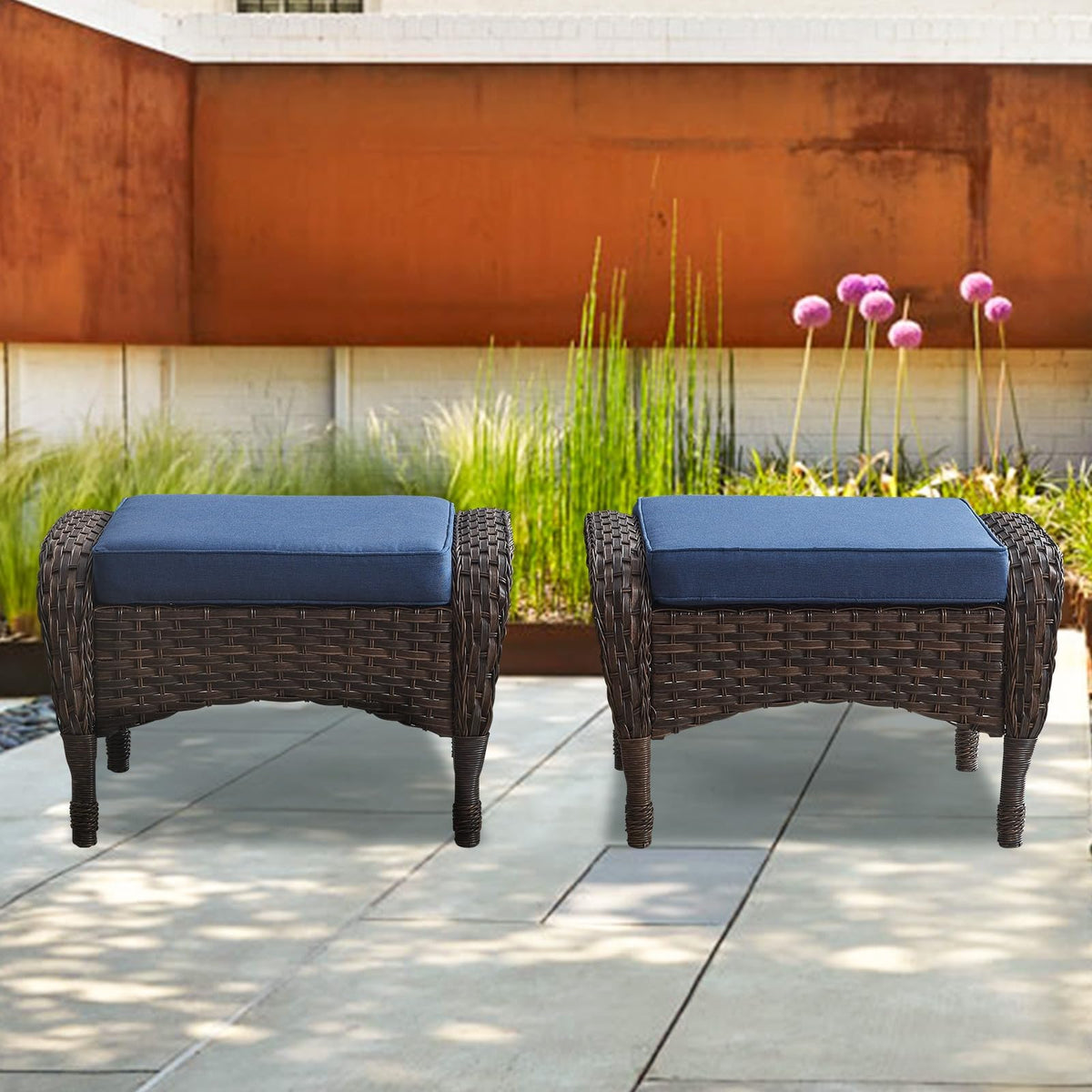 25 Inch PE Wicker Foot Stool Set of 2 with Removable Cushions Brown T682237