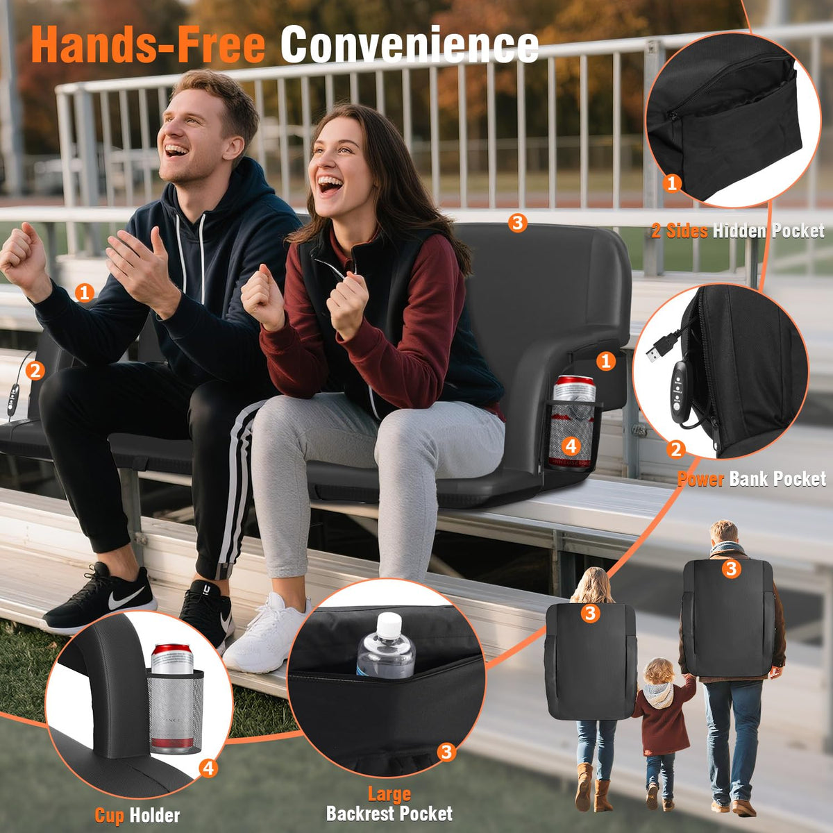 21" Wide Heated Stadium Seats for Bleachers with USB T10617