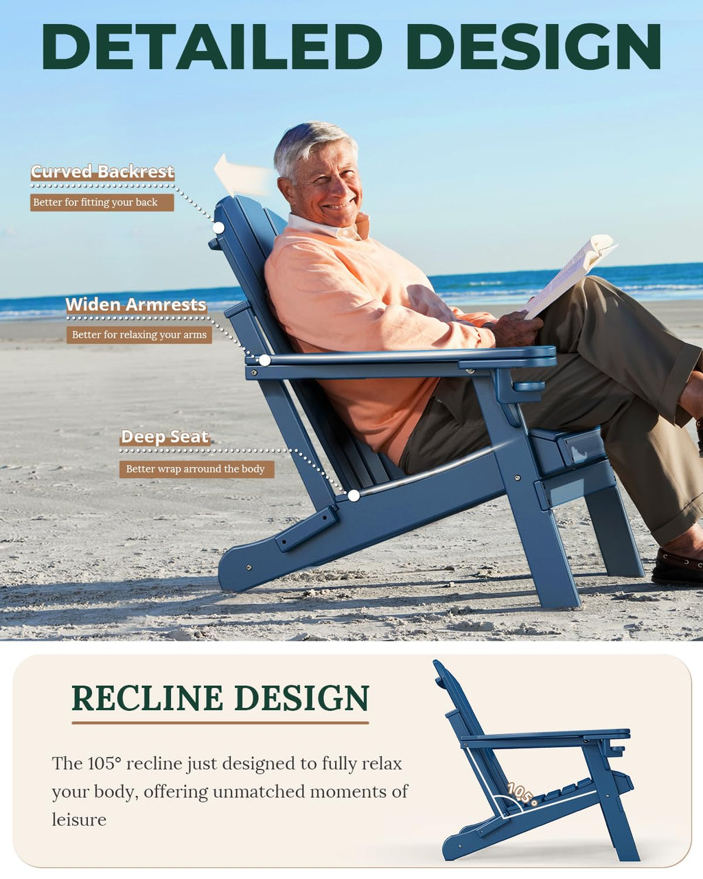 Folding Adirondack Chairs Set of 2 Blue HDPE N806