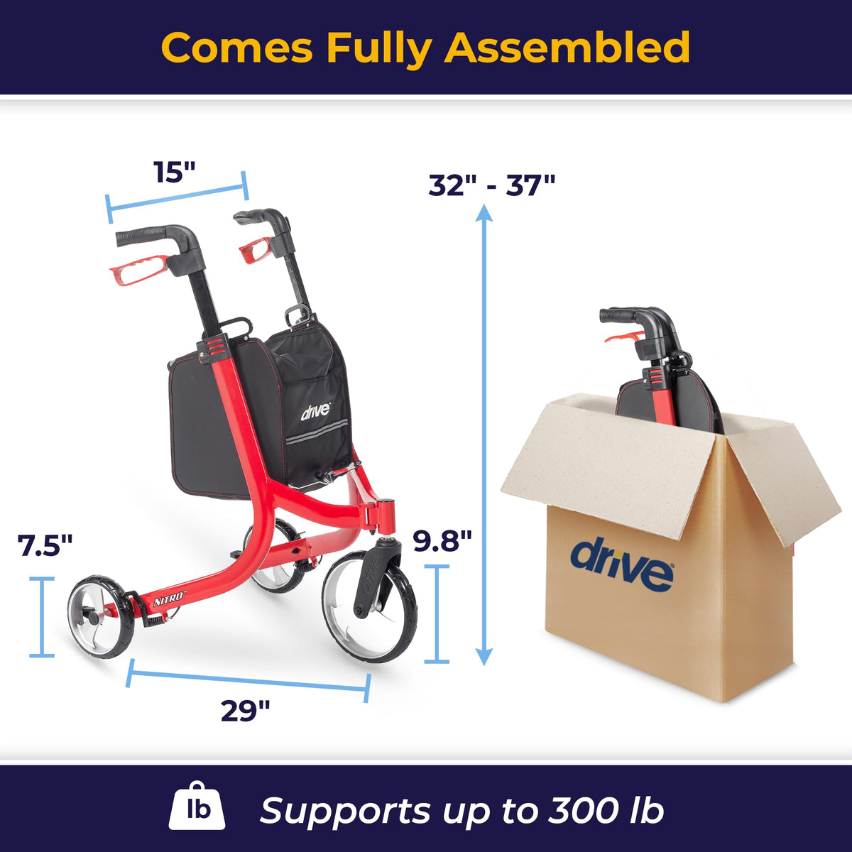 Red 3 Wheel Rollator Walker W361