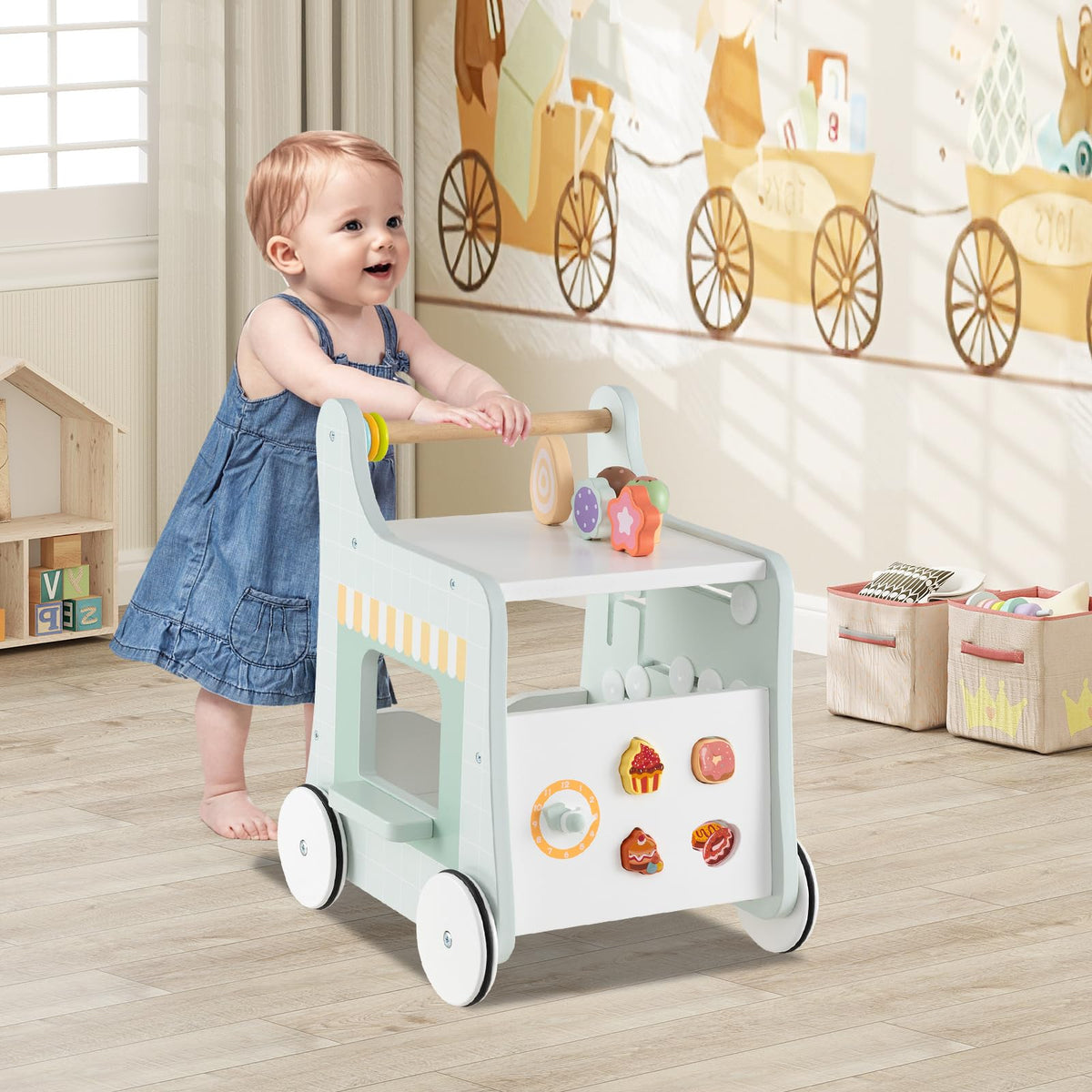 Wooden Baby Walker with Storage and Wheels F600220