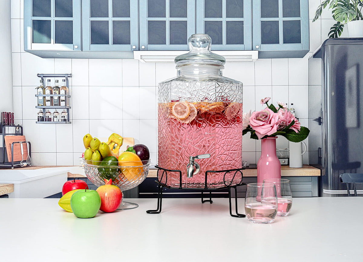 2.5 Gallon Glass Beverage Dispenser with Spigot and Stand S63404