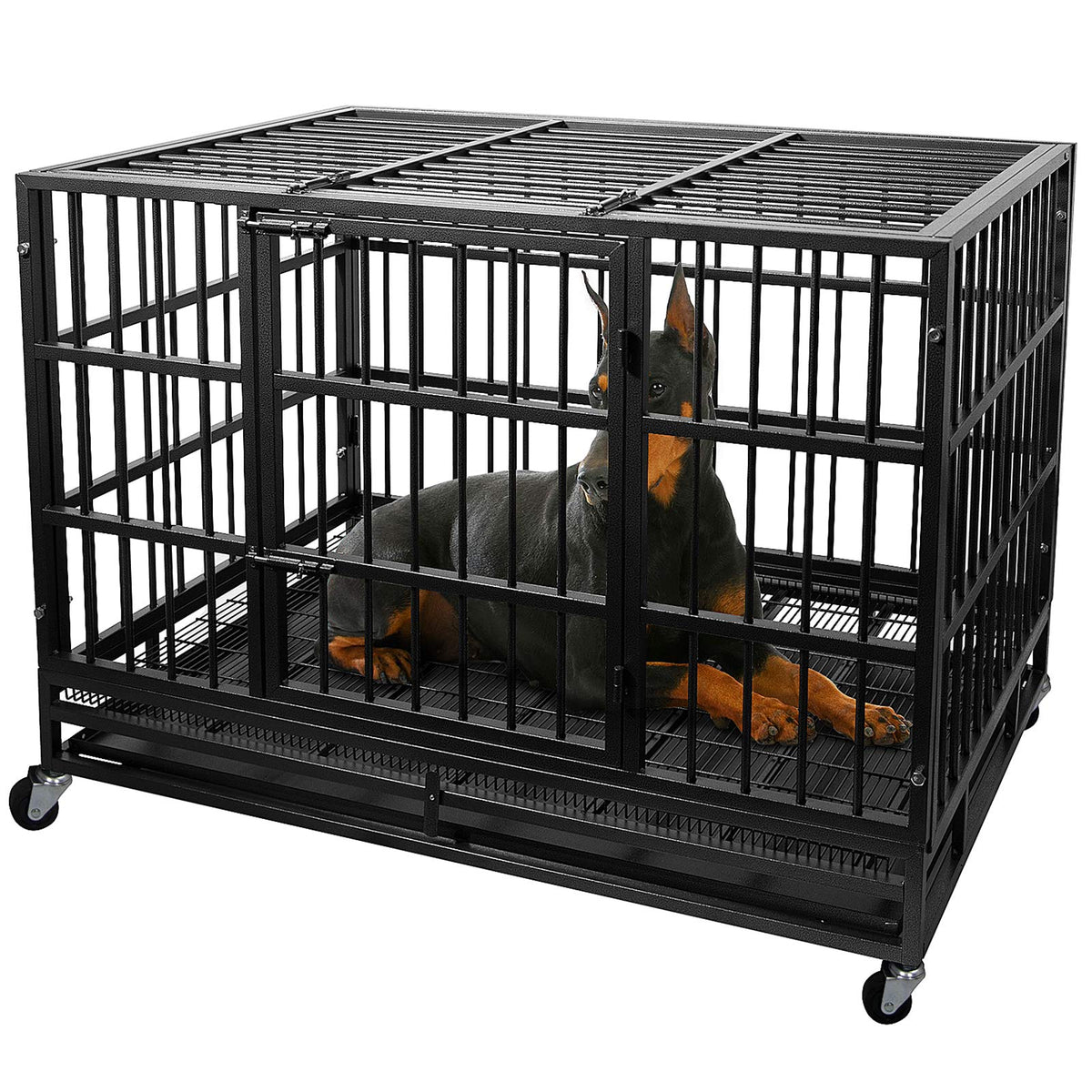 Heavy Duty 4 Wheels Double Door Metal Dog Crate 48 Inch A172696