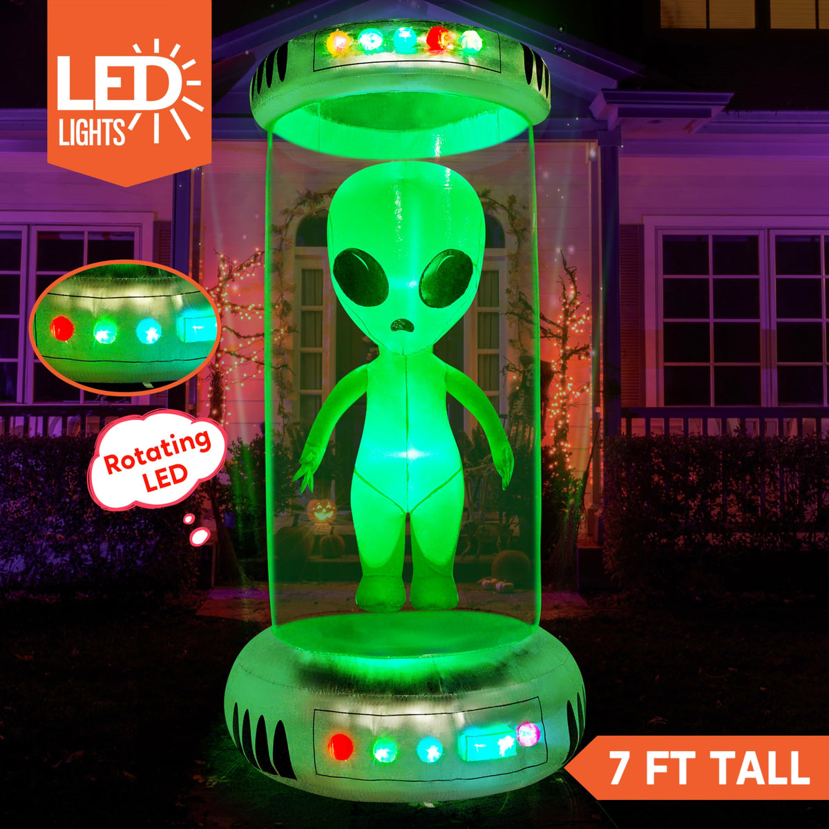 7 ft Tall Halloween Inflatable Alien Decoration with Animated LEDs P9404