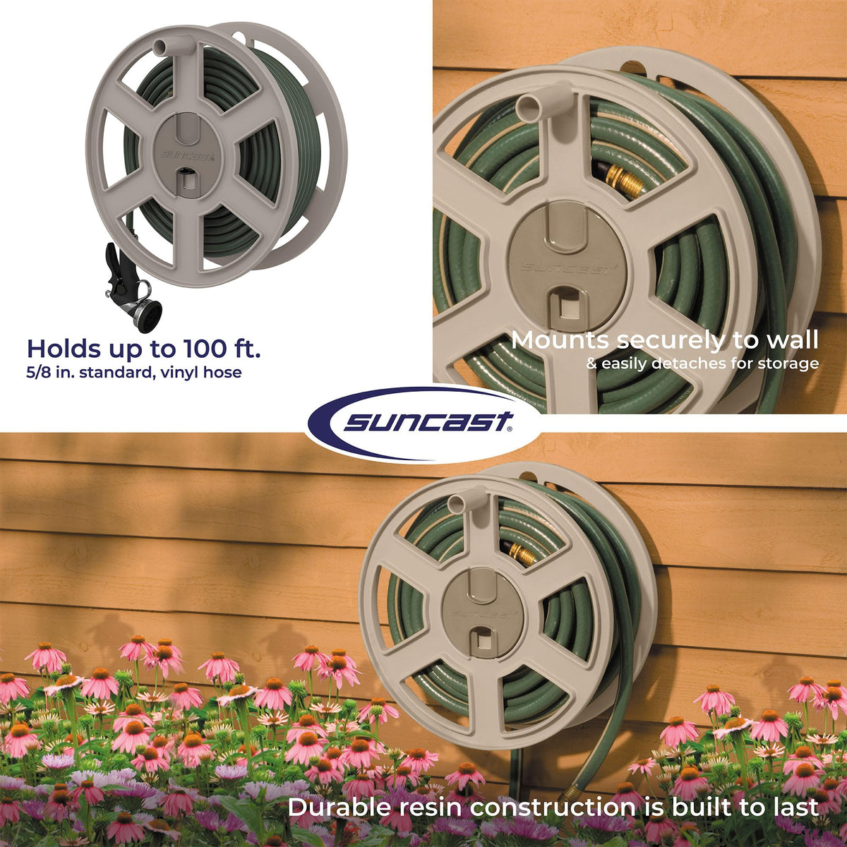 Wall Mount Garden Hose Reel 100 Feet Capacity Light Taupe Resin Y1058