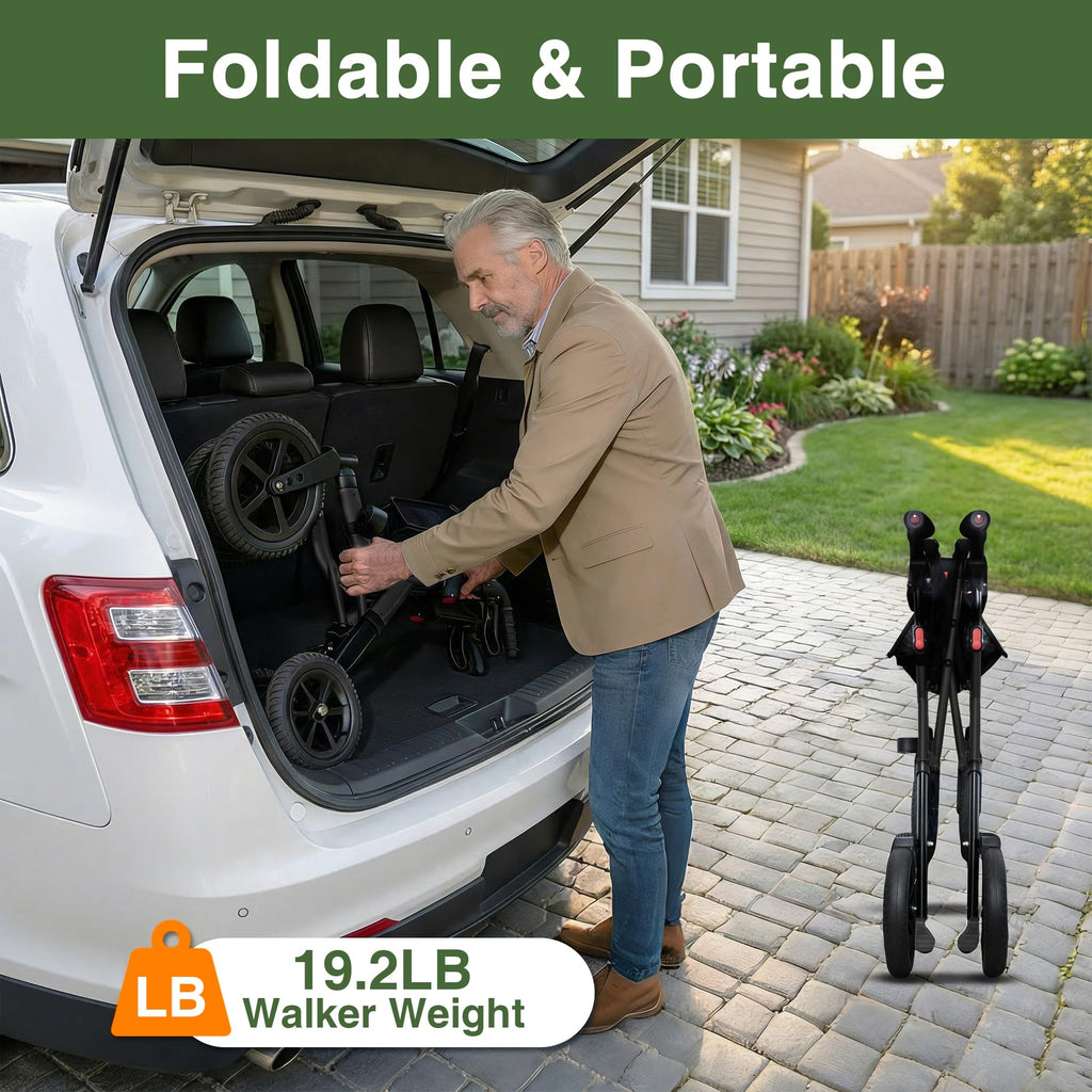 Black Foldable Rollator Walker with Seat, Backrest, 12" Rubber Wheels V666536