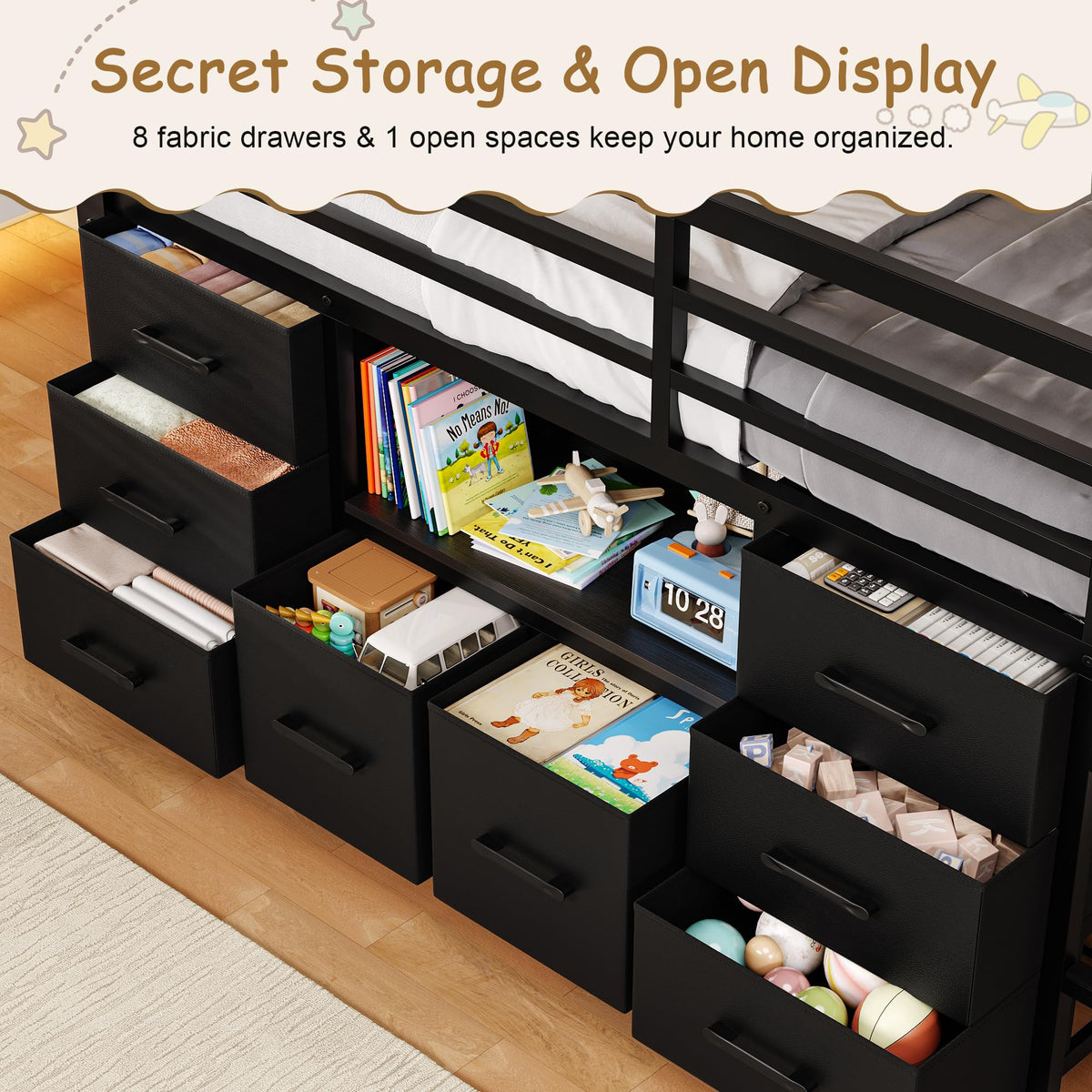 Black Twin Size Low Loft Bed with 8 Storage Drawers P817366