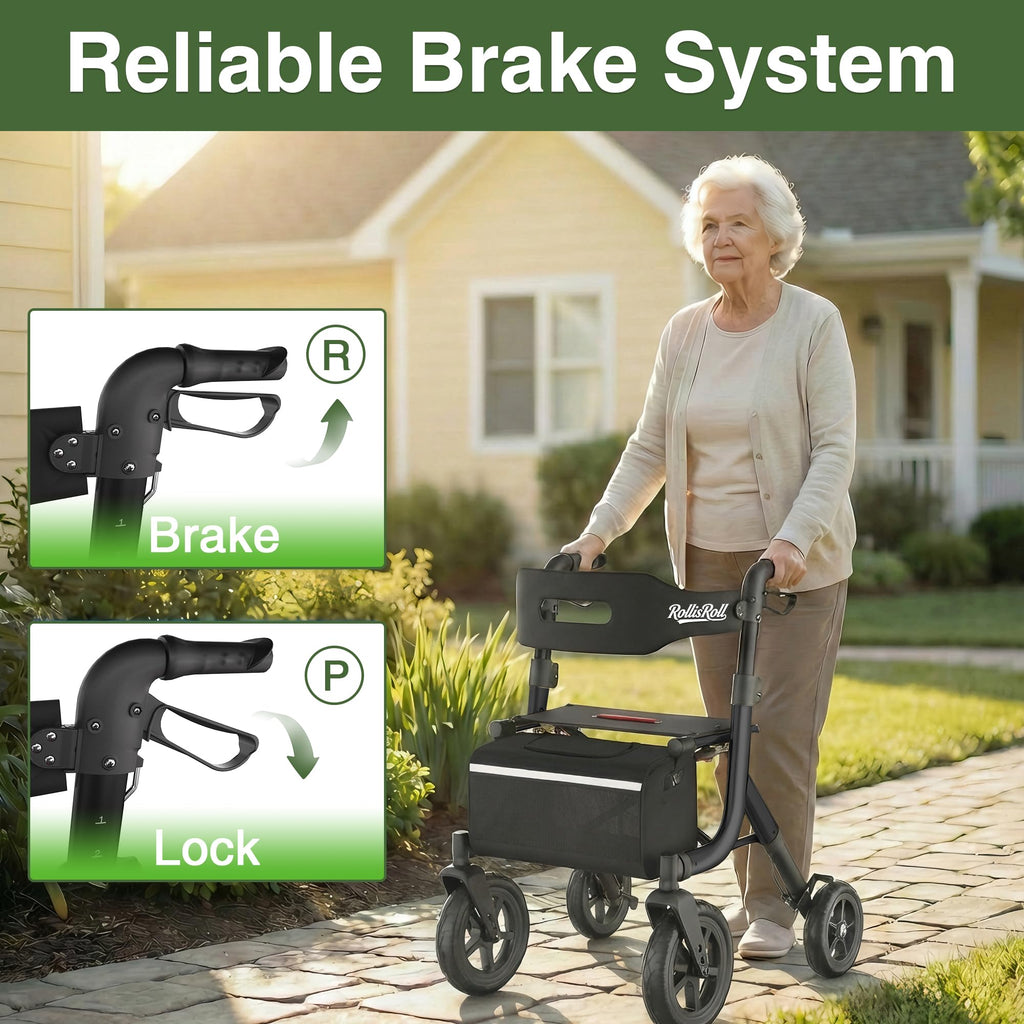 Black Foldable Rollator Walker with Seat, Backrest, 12" Rubber Wheels V666536