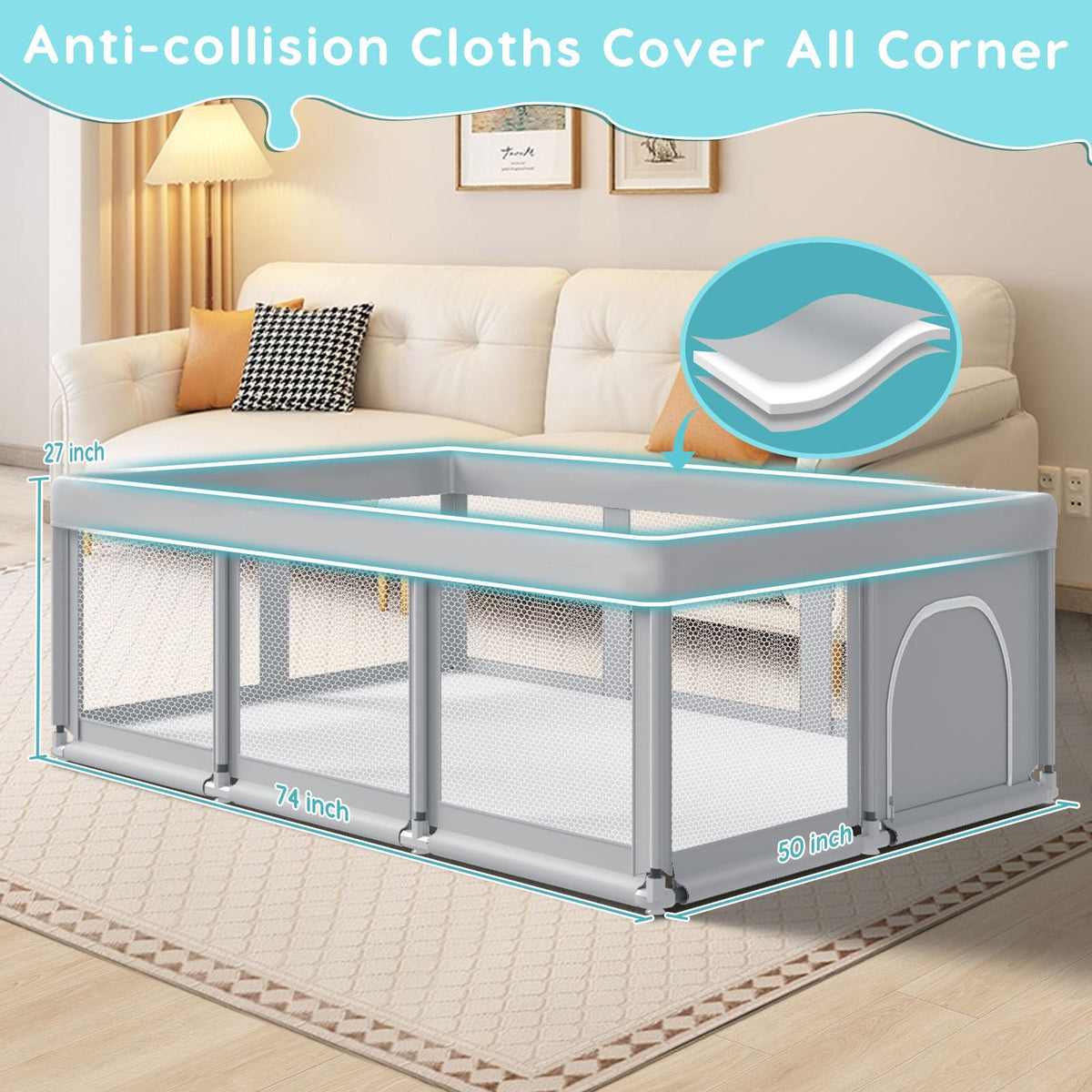 74" ×50" Large Baby Playpen with Soft Breathable Mesh, Grey L78930